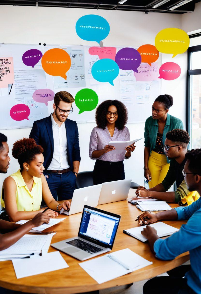 A diverse group of people brainstorming around a table, surrounded by laptops and notepads, with speech bubbles containing creative ideas. In the background, a vibrant AV67 community banner showcasing various blog trends. Warm lighting creates an inviting atmosphere. super-realistic. vibrant colors. white background.