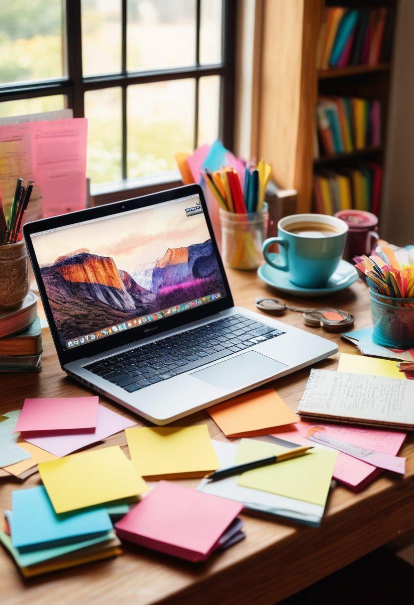 An open laptop on a wooden desk, surrounded by colorful sticky notes filled with brainstorming ideas and a steaming cup of coffee, with vibrant pencil colors scattered around, signifying creativity and inspiration. The background features a soft-focus bookshelf filled with famous literature and art supplies, evoking a warm, inviting atmosphere for writers. super-realistic. vibrant colors. cozy ambiance.