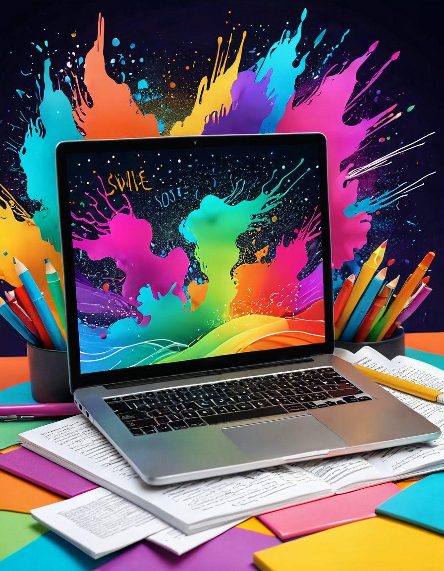 A captivating digital storytelling scene featuring an open laptop with a vibrant online journal displayed, surrounded by swirling colorful stories as ethereal elements like pens, books, and sketches floating around. The background depicts a colorful canvas of inspiration with artistic splashes and whimsical elements, inviting creativity. super-realistic. vibrant colors. 3D.